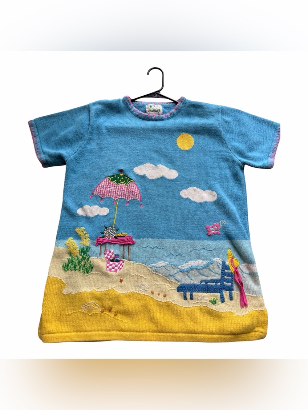 Quacker Factory Blue Beach Scene Short Sleeve Knit Top with Yellow Sun